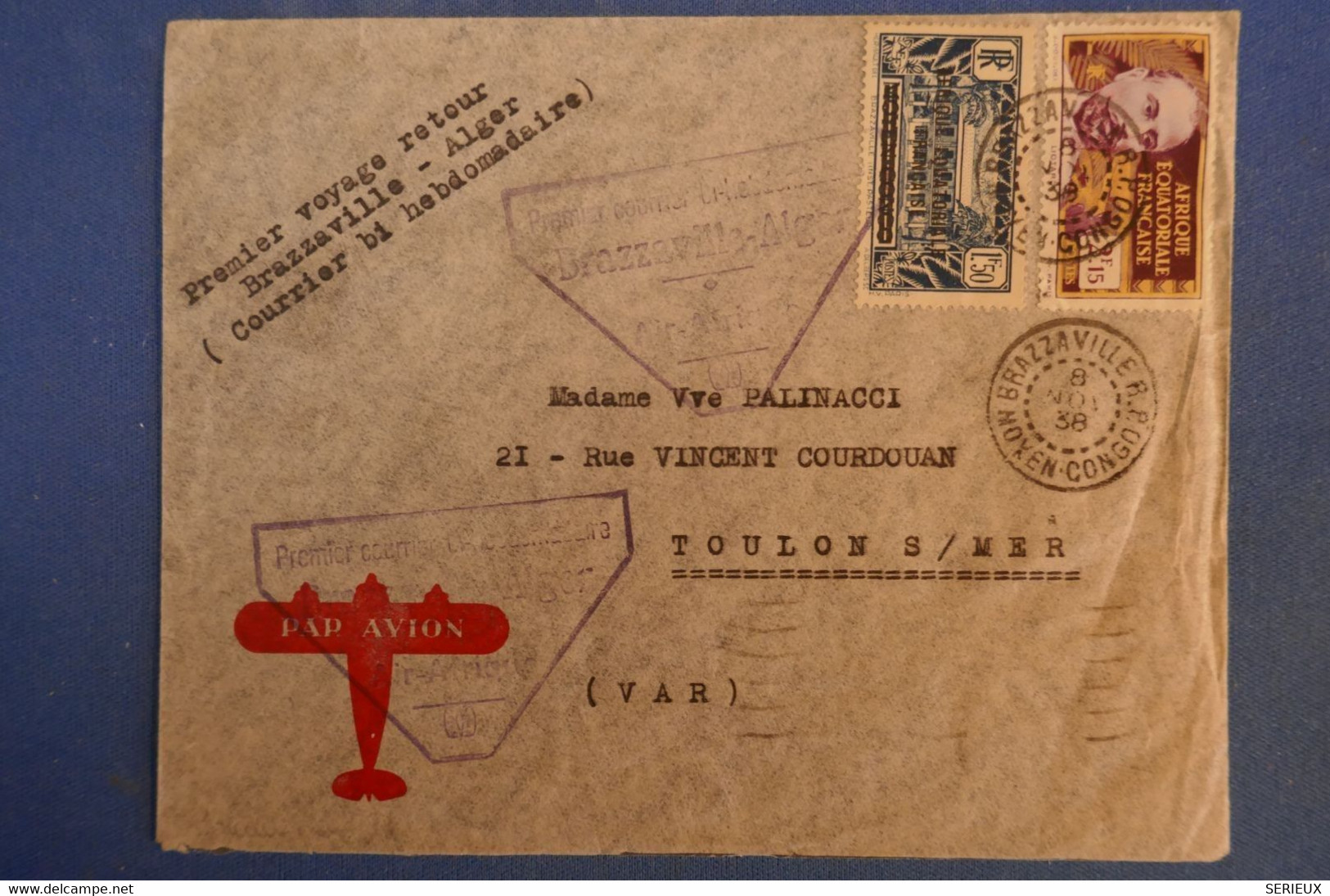 E11 AEF MOYEN CONGO BELLE LETTRE RARE 1938 IER VOYAGE RETOUR BRAZZAVILLE ALGER POUR TOULON FRANCE + CACHETS PLAISANTS - Brieven En Documenten