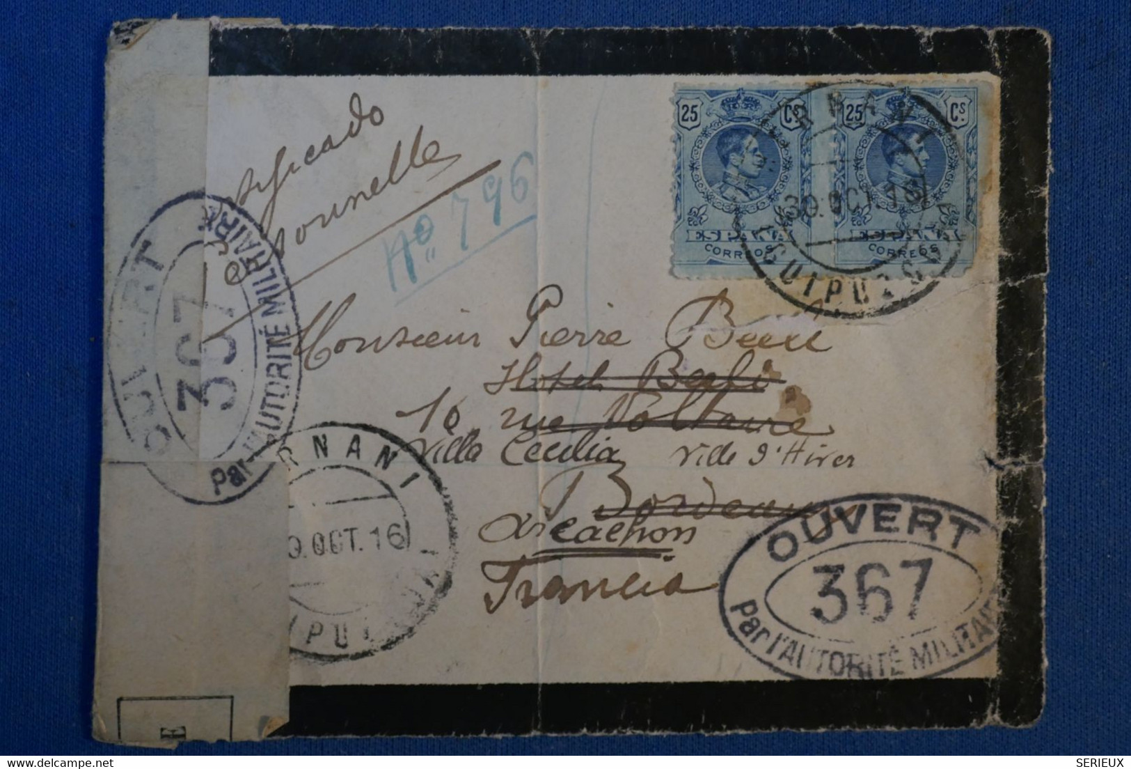G18 ESPAGNE LETTRE CENSUREE 1918 POUR ARCACHON FRANCE CENSURE MILITAIRE + PAIRE DE T.P - Covers & Documents