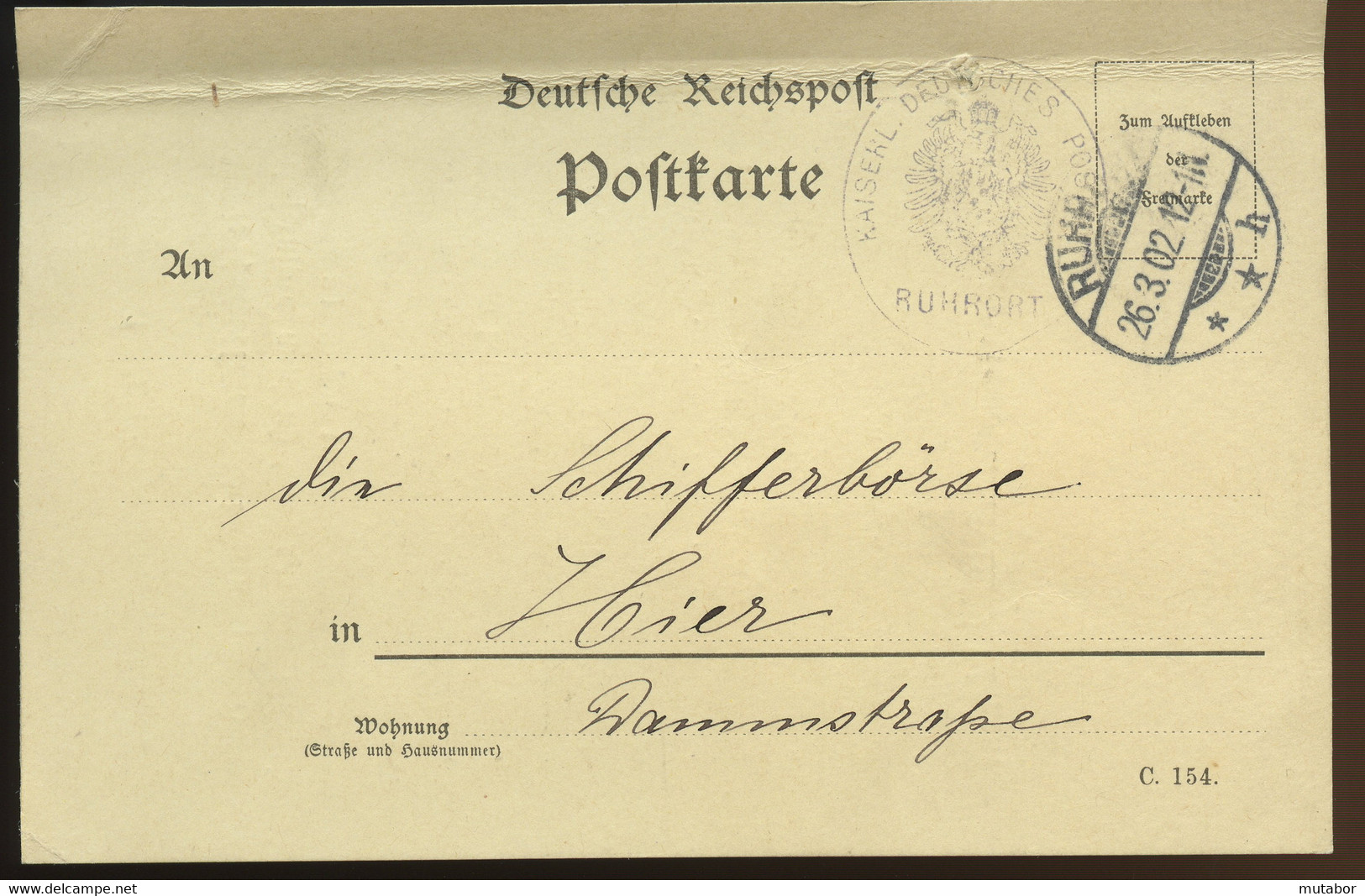 1902 KAISERL.DEUTSCHES POSTAMT RUHRORT, Gebühren Kaiserliches Telegraphen=Post=Amt - Autres & Non Classés