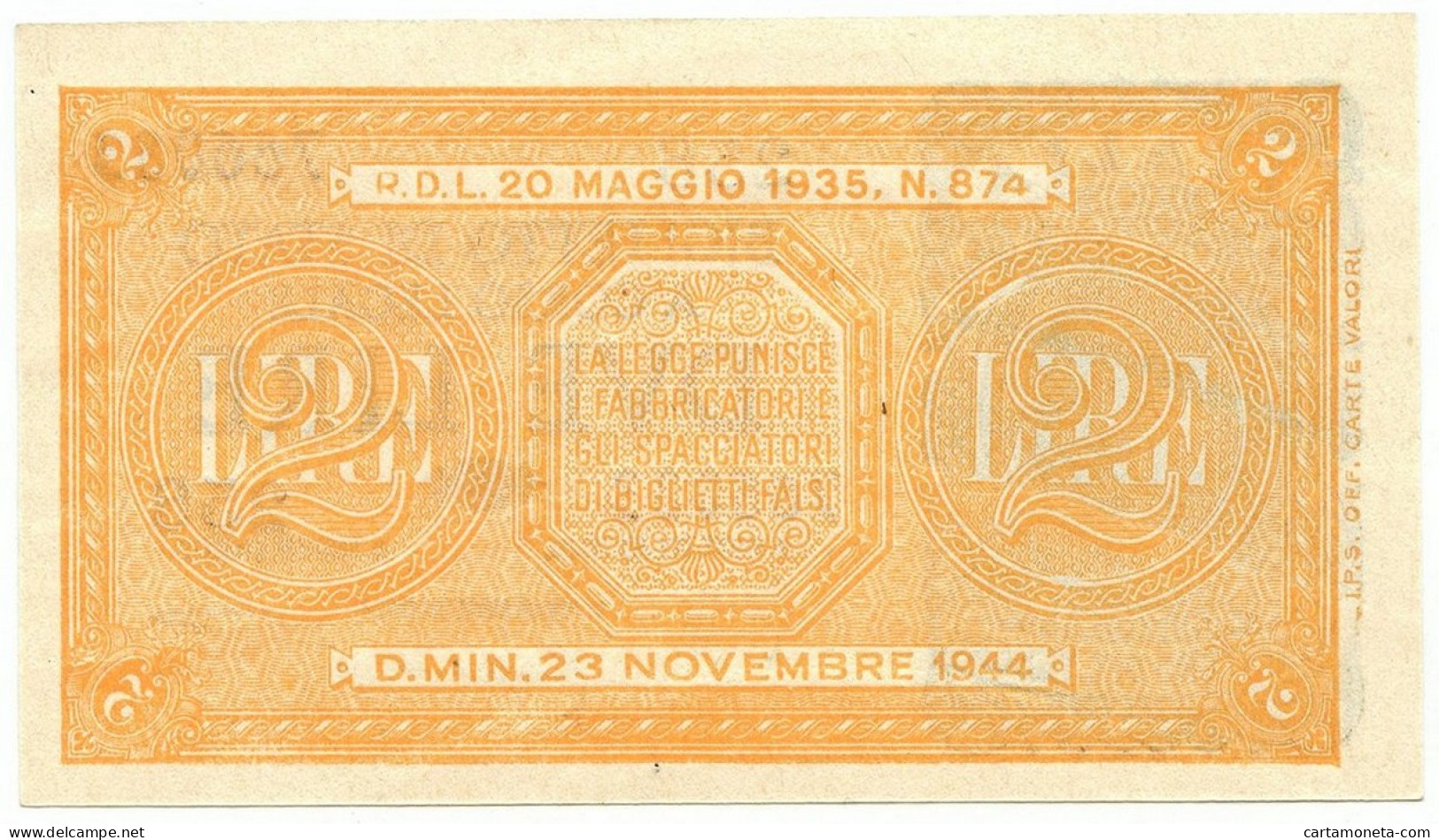 2 LIRE BIGLIETTO DI STATO LUOGOTENENZA UMBERTO BOLAFFI 23/11/1944 FDS - Regno D'Italia – Other