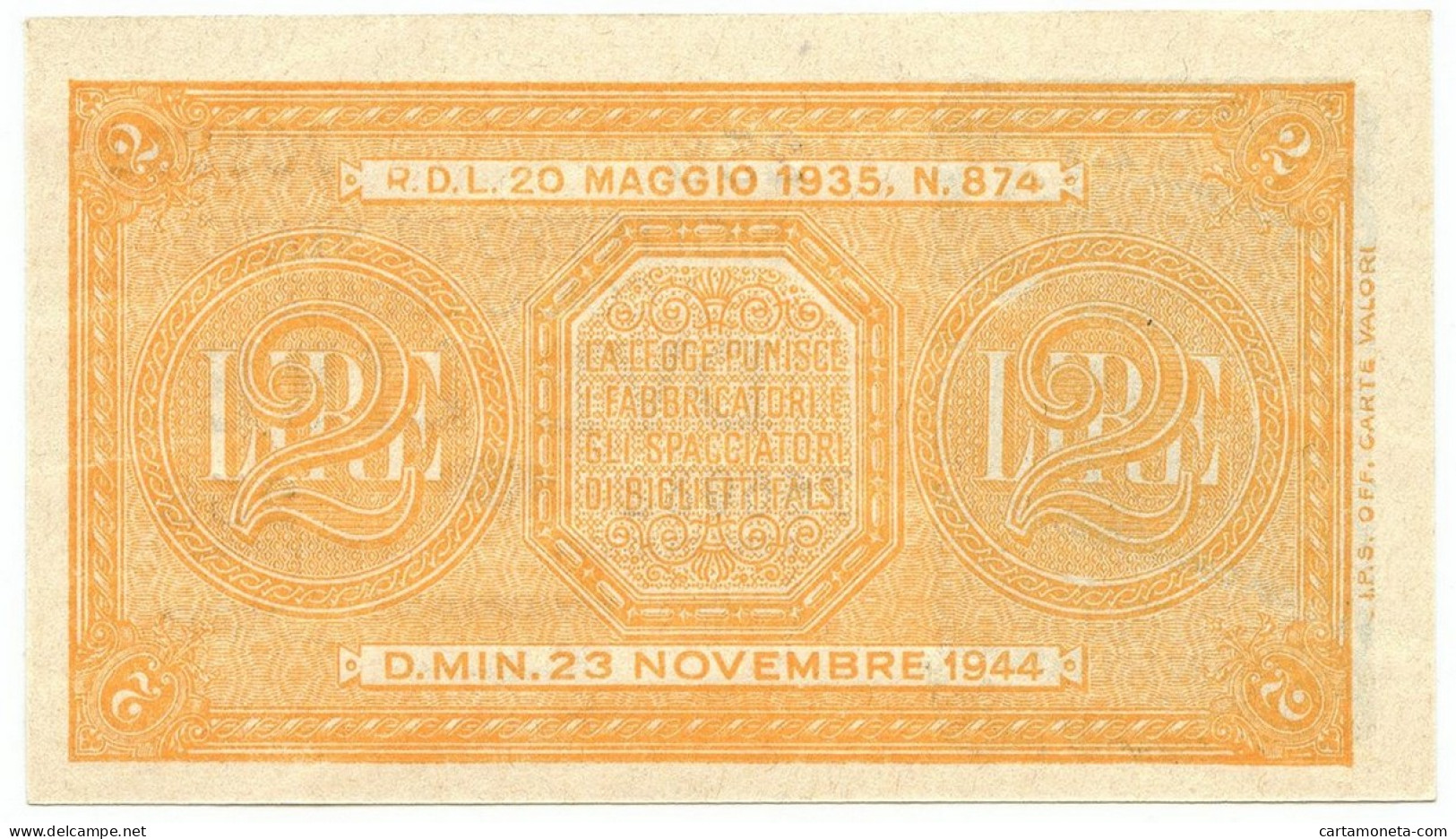 2 LIRE BIGLIETTO DI STATO LUOGOTENENZA UMBERTO BOLAFFI 23/11/1944 FDS - Regno D'Italia – Autres