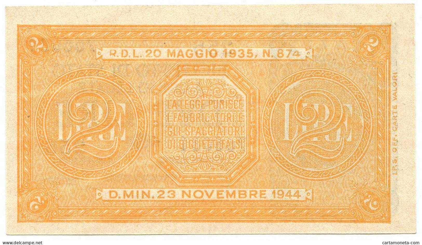 2 LIRE BIGLIETTO DI STATO LUOGOTENENZA UMBERTO BOLAFFI 23/11/1944 FDS - Regno D'Italia – Other