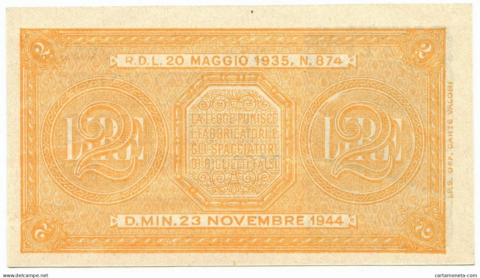 2 LIRE BIGLIETTO DI STATO LUOGOTENENZA UMBERTO BOLAFFI 23/11/1944 FDS - Regno D'Italia – Other