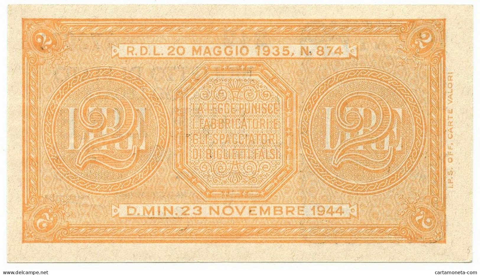 2 LIRE BIGLIETTO DI STATO LUOGOTENENZA UMBERTO BOLAFFI 23/11/1944 FDS - Andere