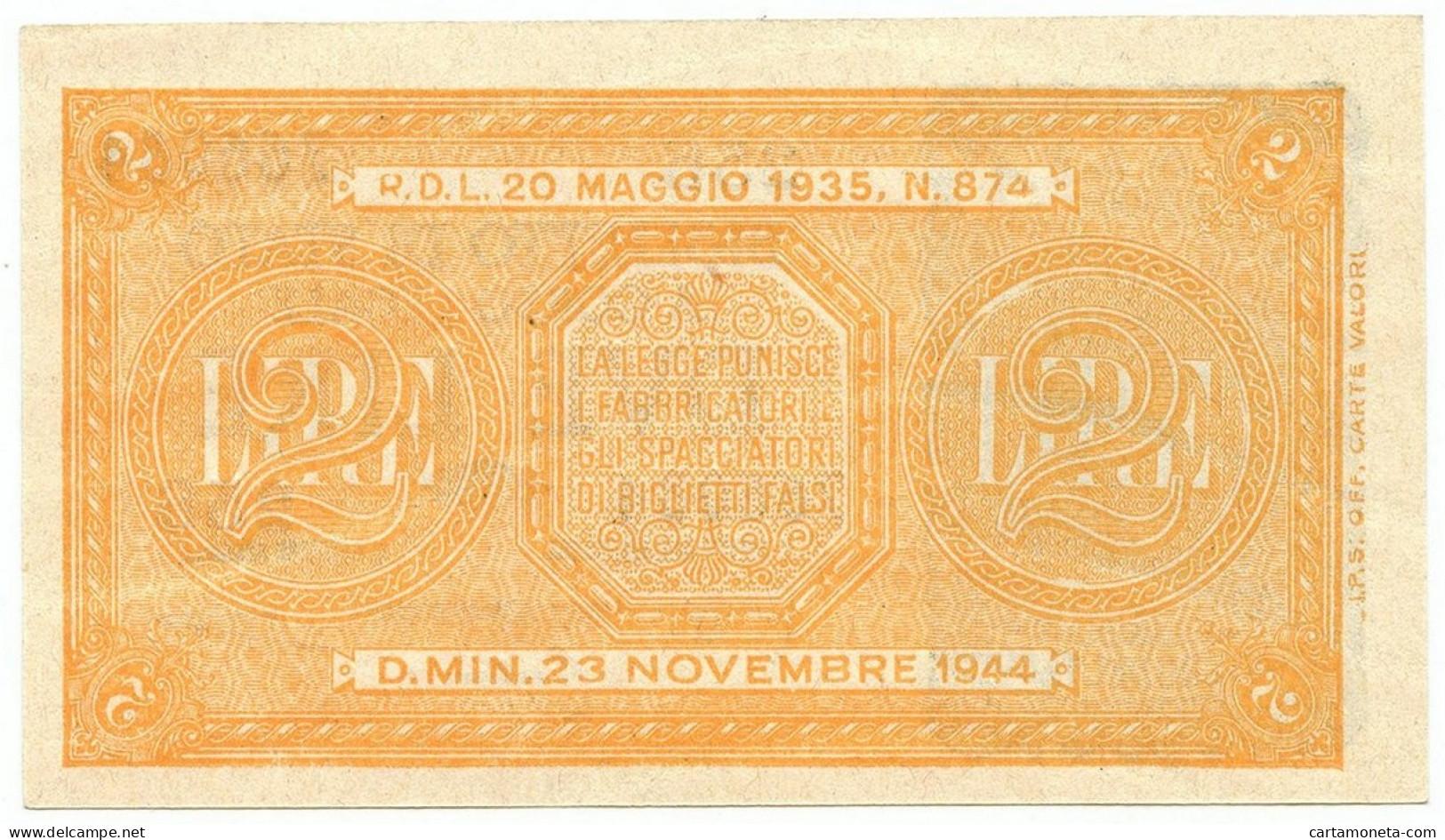 2 LIRE BIGLIETTO DI STATO LUOGOTENENZA UMBERTO BOLAFFI 23/11/1944 FDS - Regno D'Italia - Altri