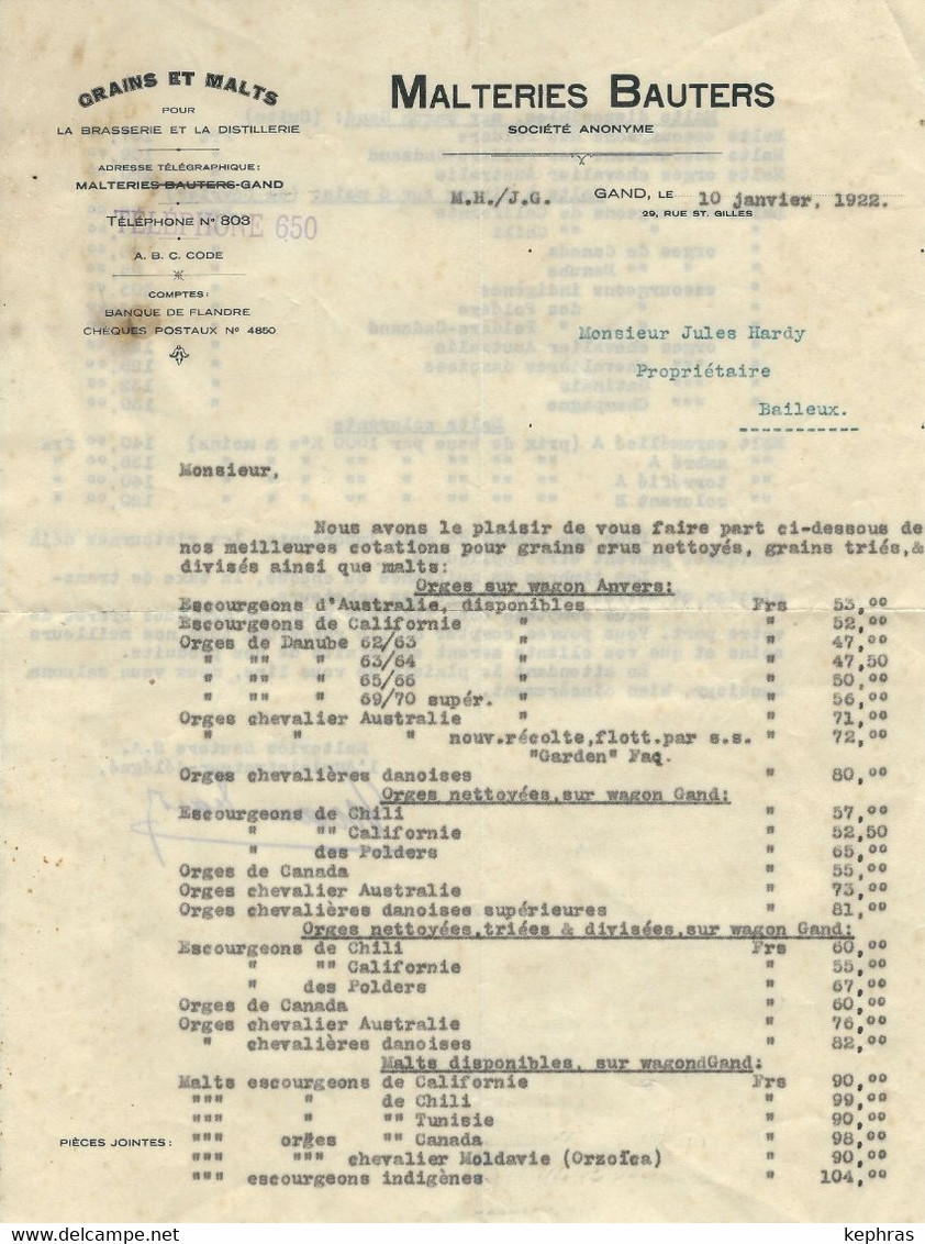 Document Commercial - Tarif Des MALTERIES BAUTERS à GAND - 10/01/1922 - RARE DOCUMENT - Brasserie Et Distillerie - Levensmiddelen