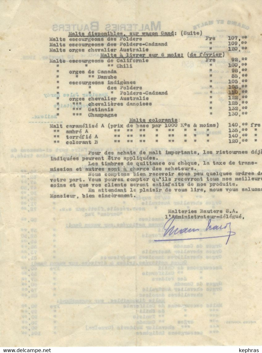 Document Commercial - Tarif Des MALTERIES BAUTERS à GAND - 10/01/1922 - RARE DOCUMENT - Brasserie Et Distillerie - Food