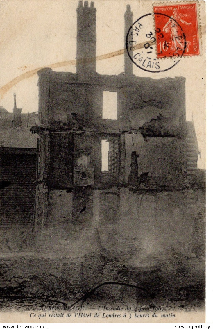 62 Pas De Calais Berck Plage CPA Incendie 1907 Hotel De Londre Ruine Histoire Patrimoine Destruction Quemehen Crotoy - Berck