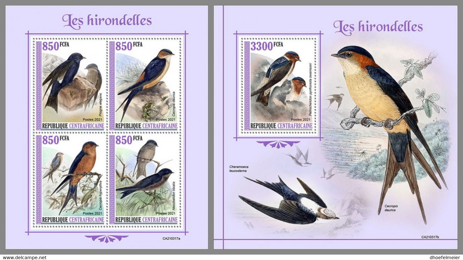 CENTRALAFRICA 2021 MNH Swallows Schwalben Hirondelles M/S+S/S - IMPERFORATED - DHQ2131 - Golondrinas