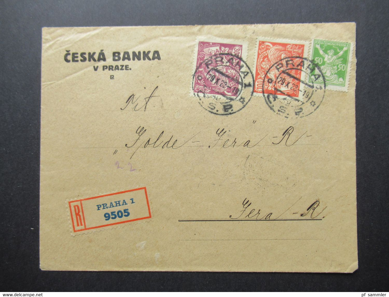 CSSR 1923 Einschreiben Praha 1 - Gera Rückseitig Bahnpost Stempel Bodenbach Zug 436 Umschlag Ceska Banka V Praze - Brieven En Documenten