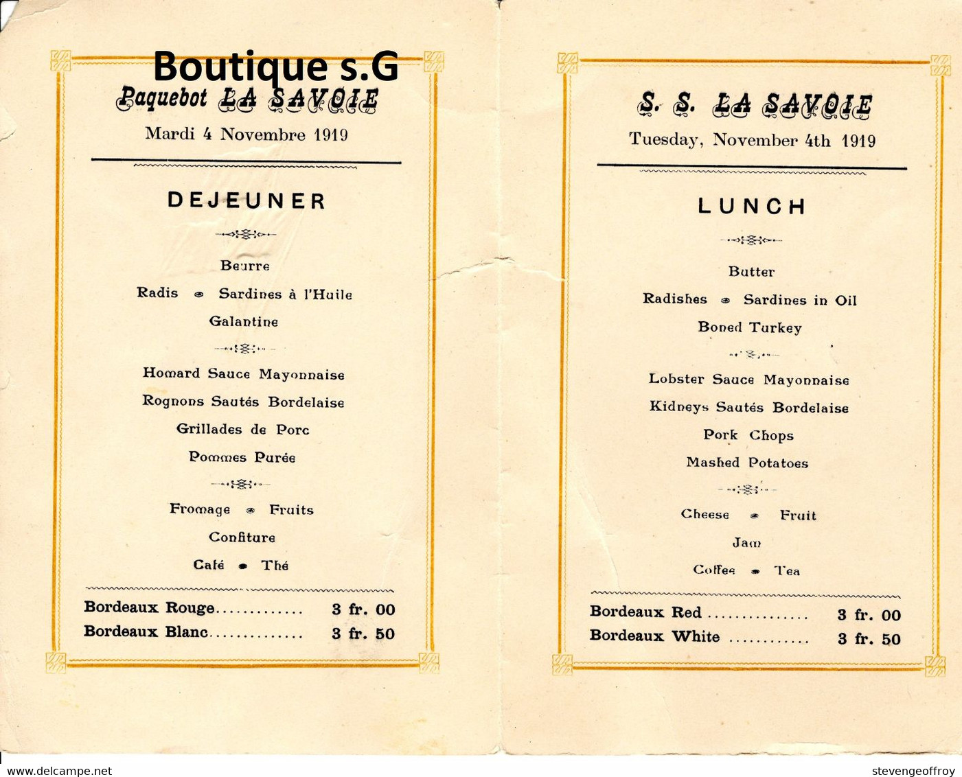 Menu Compagnie Transatlantique Paquebot La Savoie 1919 Dejeuner - Menu