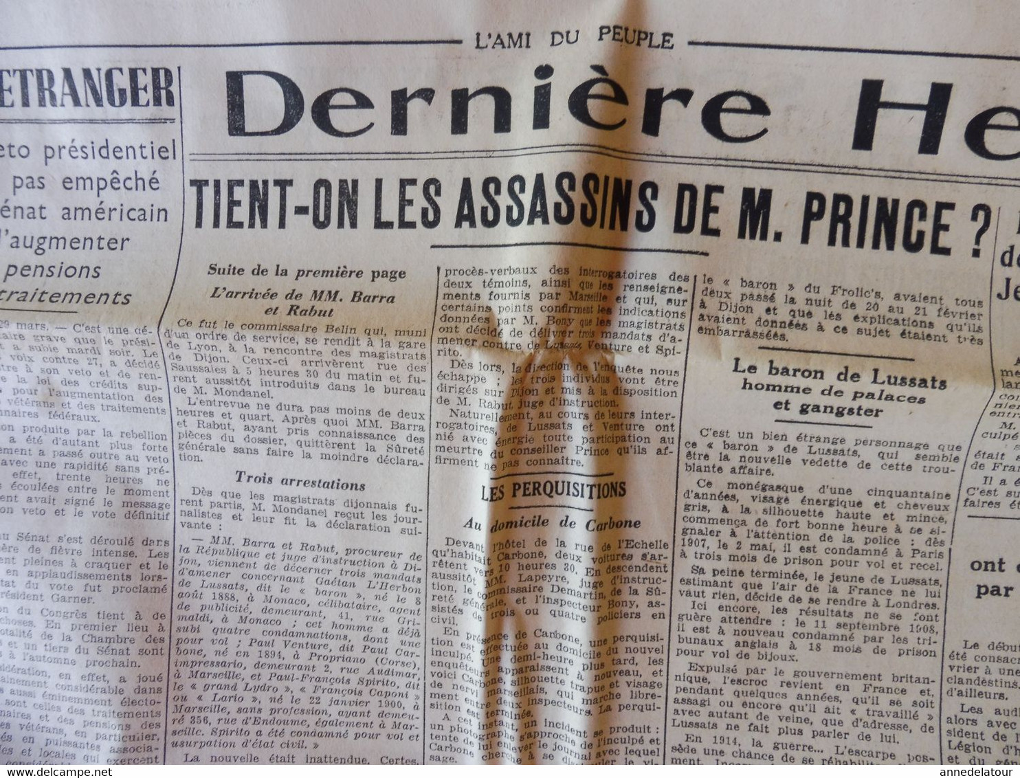 1934 L'AMI DU PEUPLE : Les assassins de M. PRINCE ; Dans le monde ténébreux des gangsters  ; etc