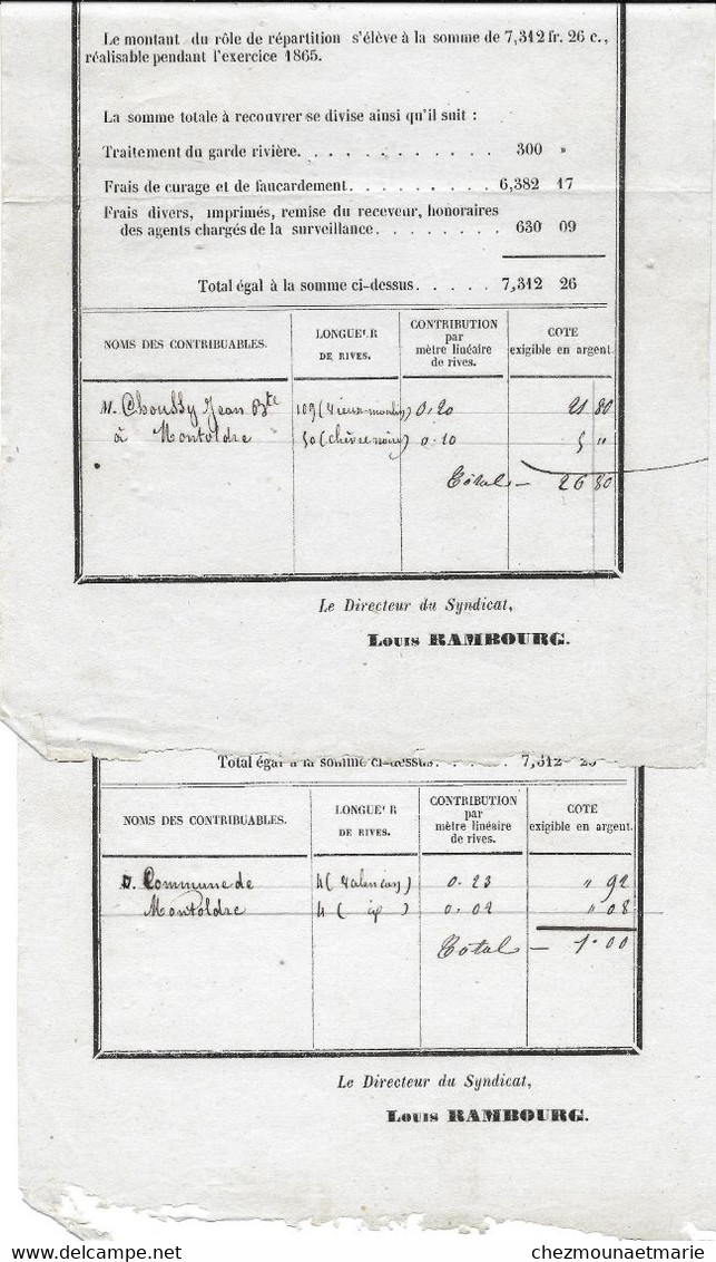 SYNDICAT POUR LE CURAGE DES COURS D EAU DU BASSIN DE VALENCON - CHOUSSY J BAPTISTE A MONTOLDRE - LOT DE 2 DOCUMENTS - Documents Historiques