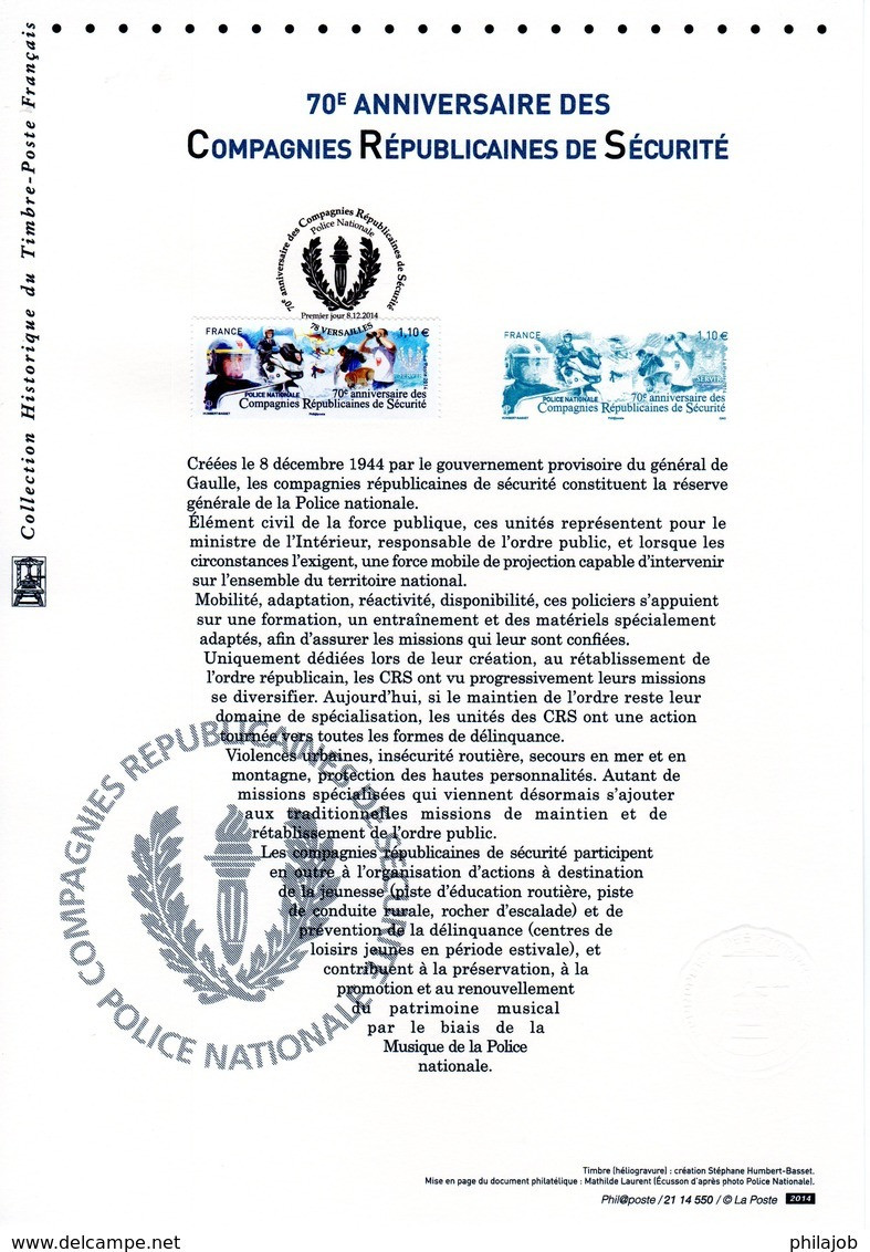 &#9989;  70 ANS DES CRS COMPAGNIES REPUBLICAINES DE SECURITE Sur Doc. Philat. Officiel De 2014. N°YT 4922. Parf état DPO - Police - Gendarmerie