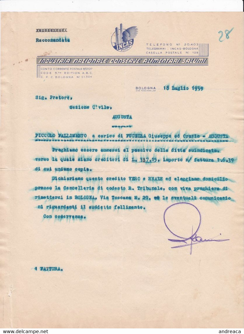 Bologna INCAS Industria Conserve Alimentari Salumi Fattura Con Bollo Una Lira - Italien
