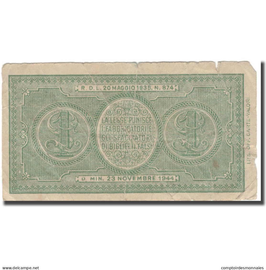 Billet, Italie, 1 Lira, 1944, 1944-11-23, KM:29c, B+ - Regno D'Italia – 1 Lira