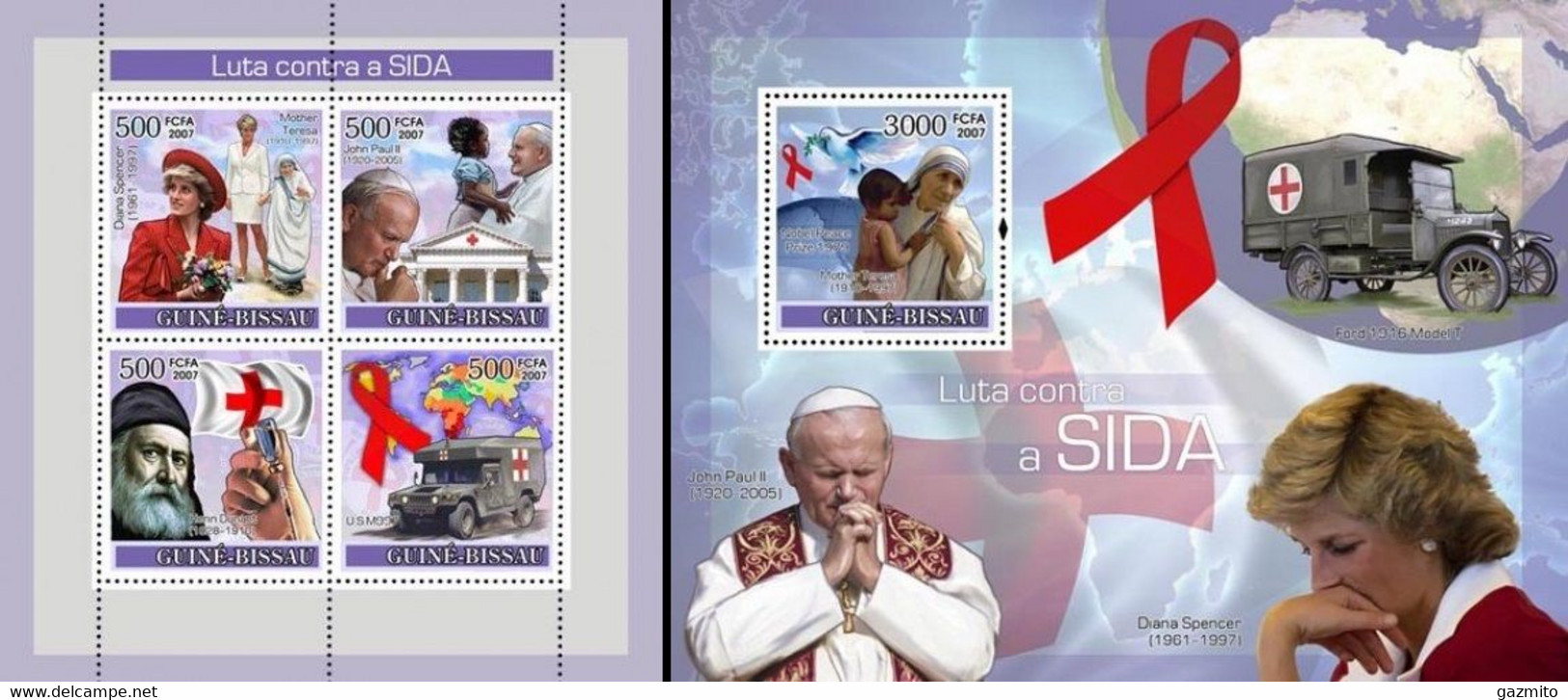 Guinea Bissau 2007, AIDS, Mother Teresa, Diana, Red Cross, J. Paul II, 4val In Bf+BF - Henry Dunant