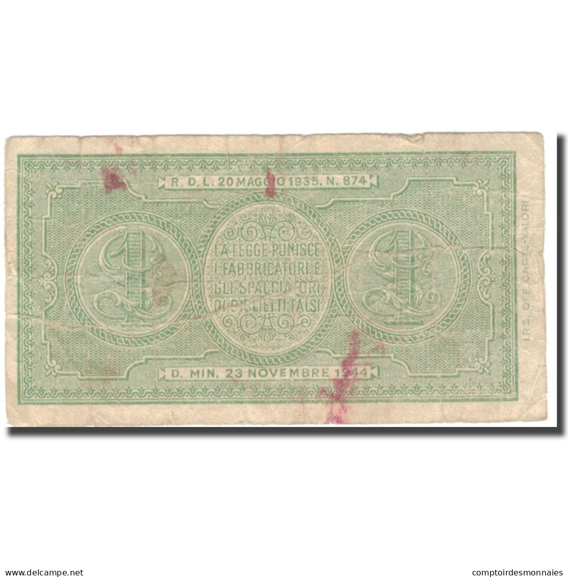 Billet, Italie, 1 Lira, 1944, 1944-11-23, KM:29b, B+ - Regno D'Italia – 1 Lira