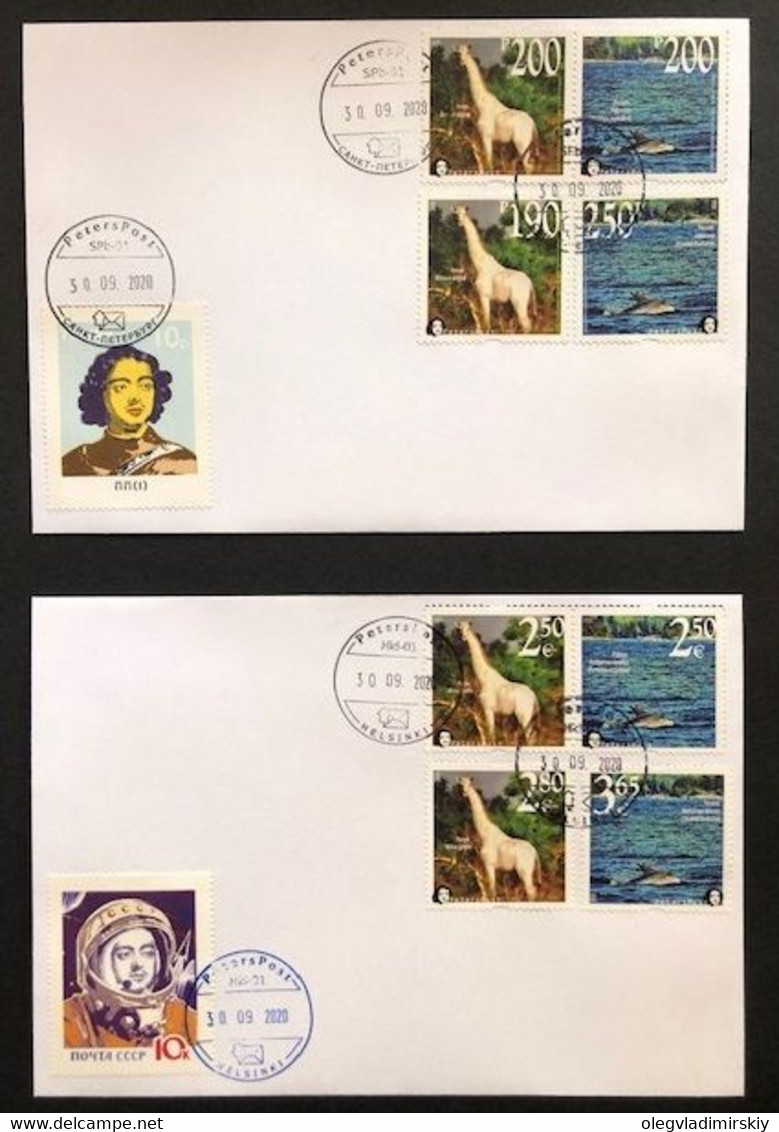 Russia Finland 2020 Fauna Wild Life Memorable Facts White Giraffe And Bottlenose Dolphin Peterspost Joint Issue FDC - FDC