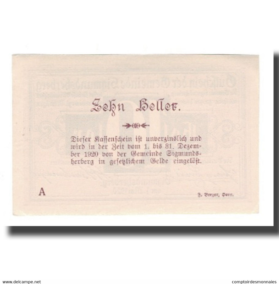 Billet, Autriche, Sigmundsherberg N.Ö. Gemeinde, 10 Heller, Texte, 1920 - Autriche