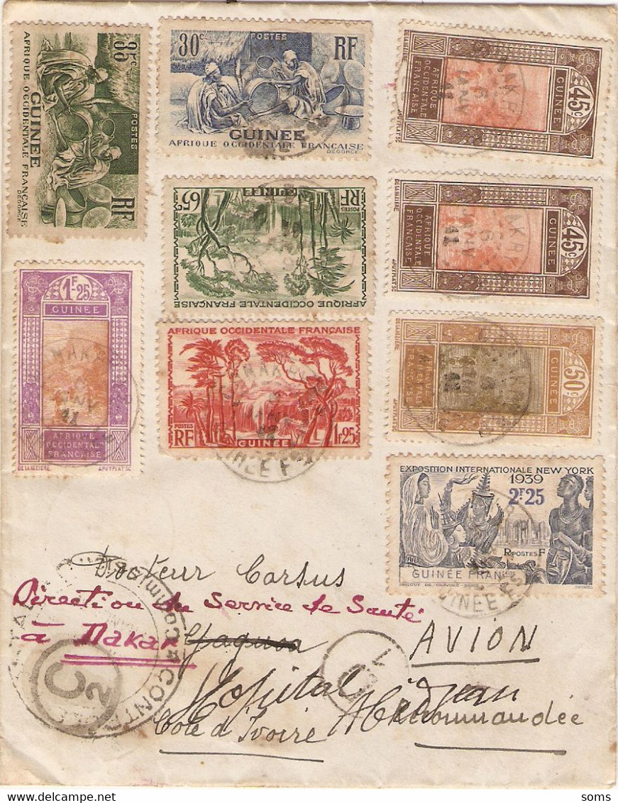 Lettre De La Receveuse De Conakry (Guinée Française) Pour Dakar En 1941, 16 Timbres + Cachet Contrôle Postal, AOF - Brieven En Documenten