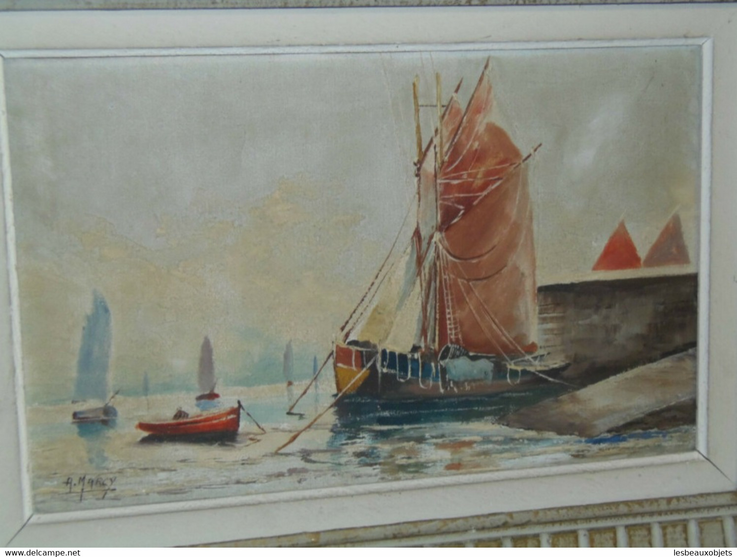 TABLEAU MARINE HST Signée A MARCY 1950 Joli CADRE MONTPARNASSE BATEAU PORT Déco COLLECTION VITRINE - Huiles