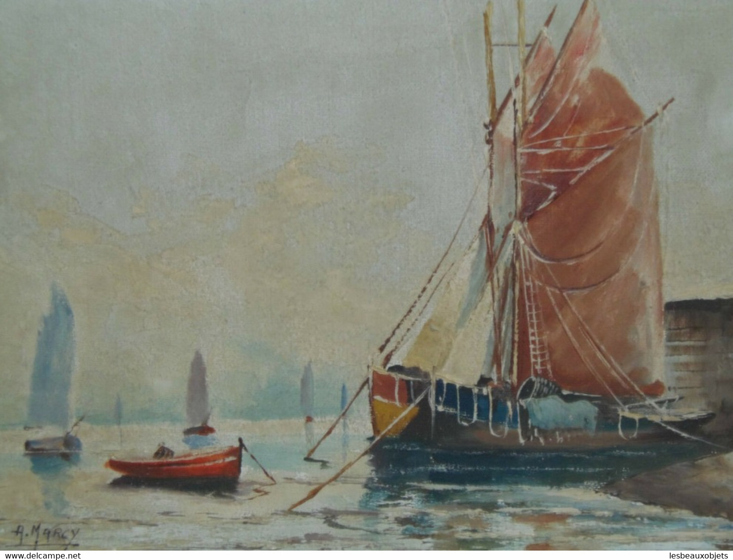 TABLEAU MARINE HST signée A MARCY 1950 joli CADRE MONTPARNASSE BATEAU PORT déco COLLECTION VITRINE