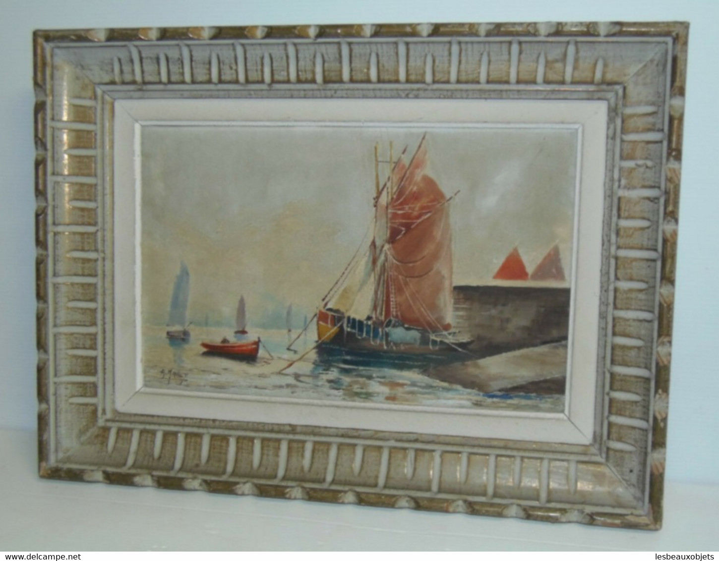 TABLEAU MARINE HST signée A MARCY 1950 joli CADRE MONTPARNASSE BATEAU PORT déco COLLECTION VITRINE