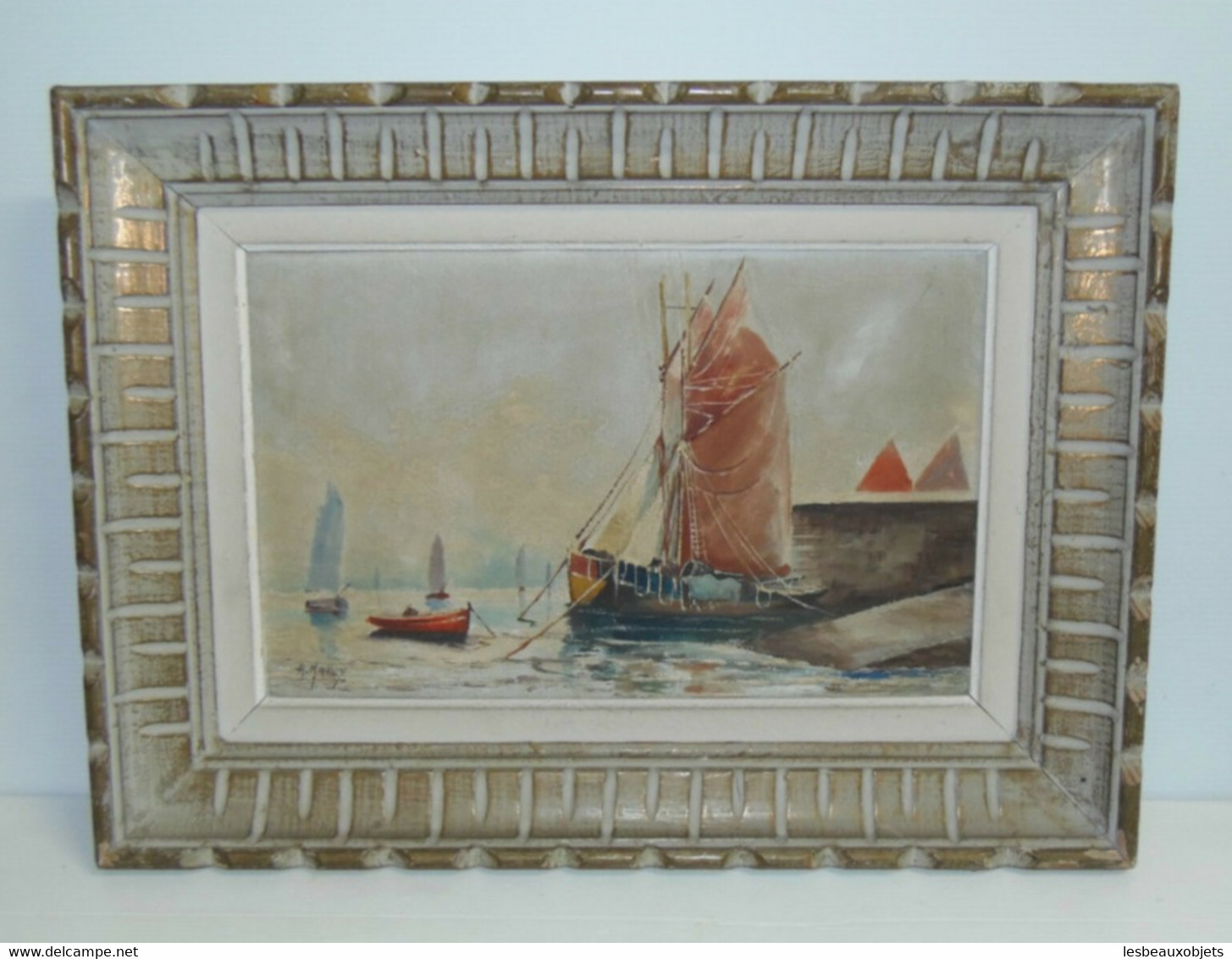 TABLEAU MARINE HST signée A MARCY 1950 joli CADRE MONTPARNASSE BATEAU PORT déco COLLECTION VITRINE