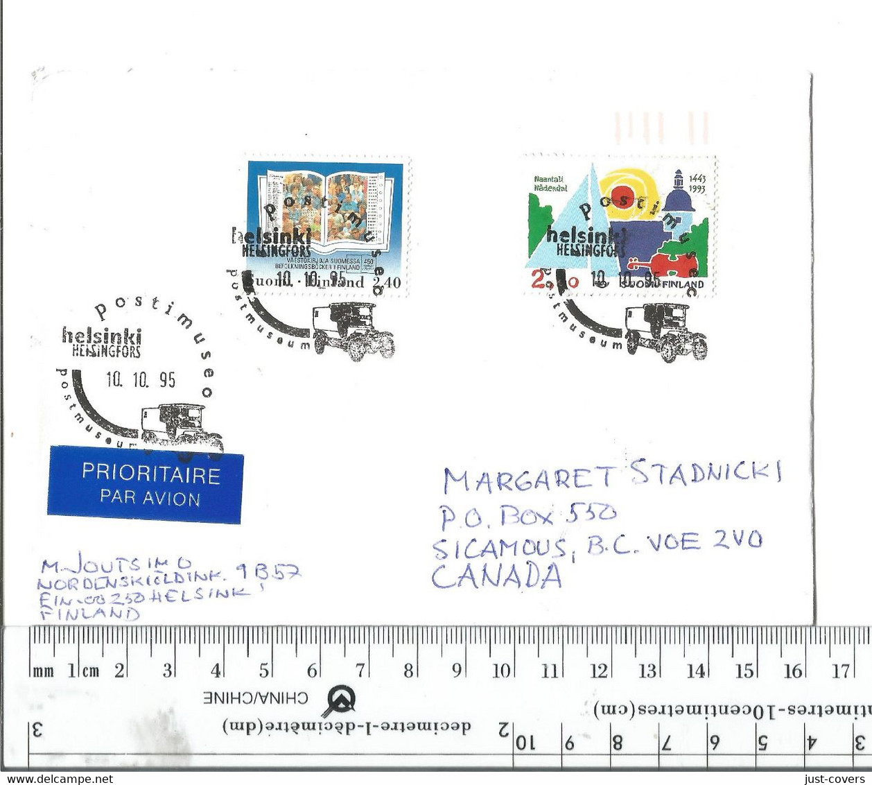 Finland Helsinki To Sicamous BC Canada Oct 10 1995. Cancelled At The Postal Museum Not A FDC.............(Box 6) - Lettres & Documents