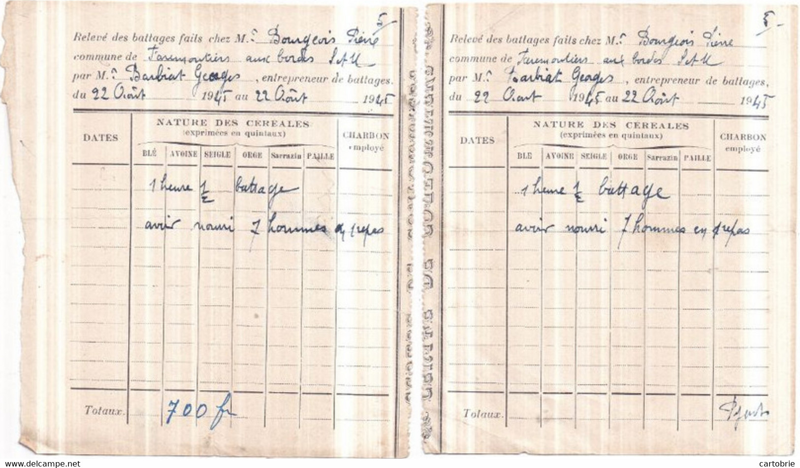 Dépt 77 - FAREMOUTIERS - Entreprise De Battage Et Pressage Georges BARBIAT : 2 Relevés 1h½ De Battages Du 22 Août 1945 - Faremoutiers