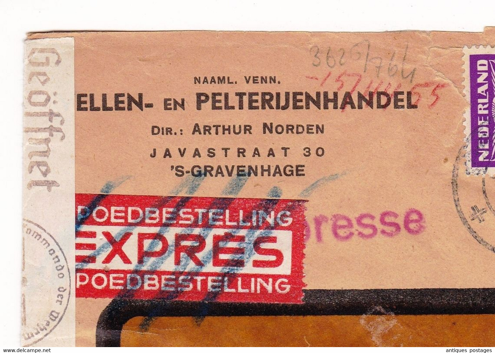 Lettre 1942 Den Haag ’s-GravenhagePays Bas Censure Censor WW2 Pelterijenhandel Geprüft Oberkommando Der Wehrmacht - Poststempel