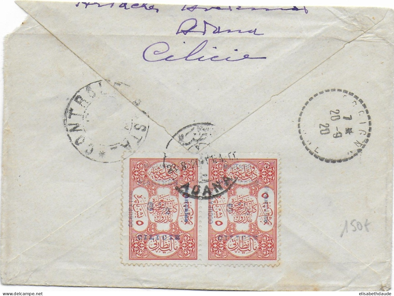 CILICIE - 1920 - TRES RARE LETTRE RECOMMANDEE De ADANA Avec CONTROLE POSTAL => VERGIGNY - Cartas & Documentos