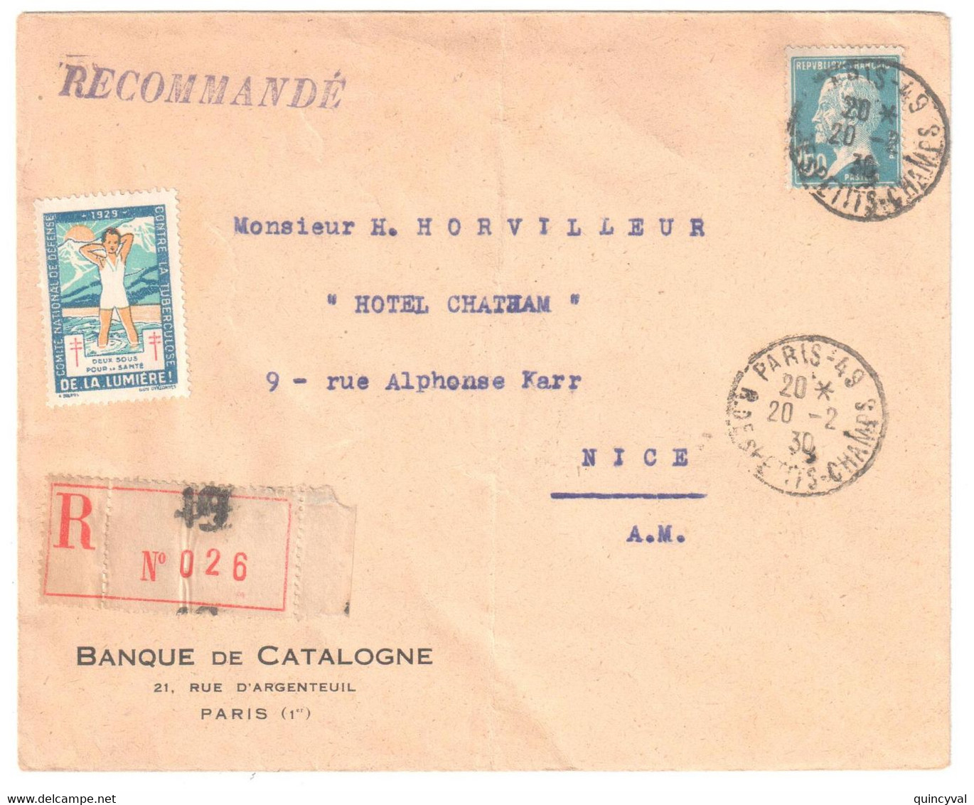 PARIS 49 R Petits Champs Lettre Recommandée Entête Banque Catalogne Etiquette Tuberculose 1929 1,50 F Pasteur Yv 181 - Covers & Documents