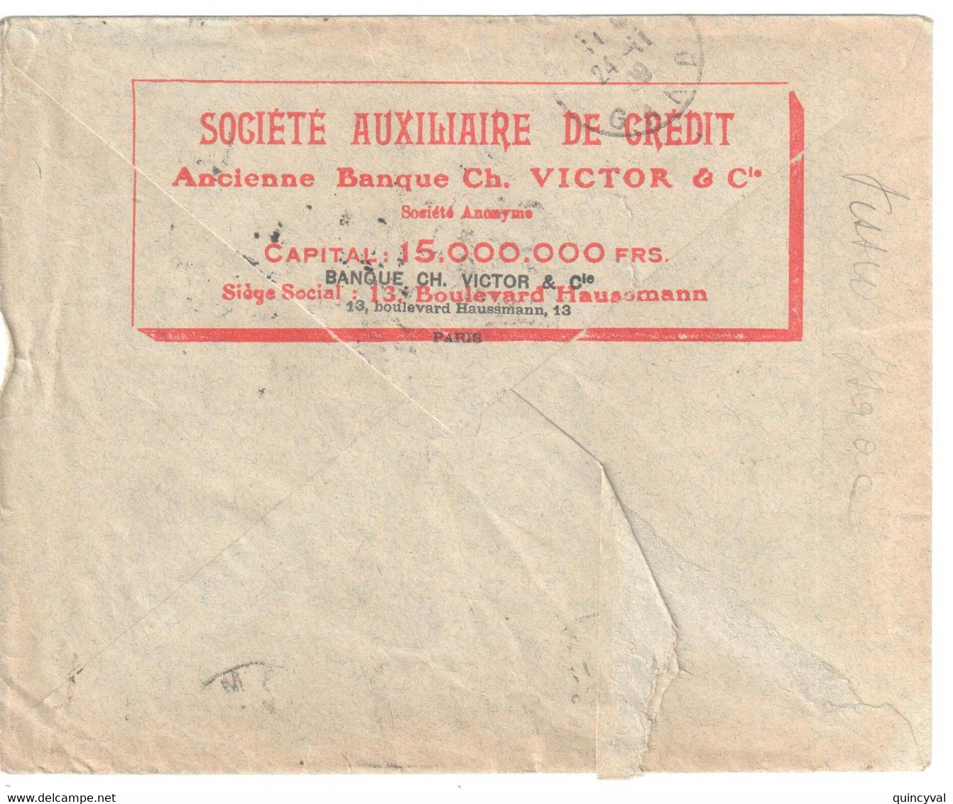 PARIS DEPART Lettre Entête Verso St Auxiliaire De CREDIT Banque VICTOR 10c Semeuse Yv 138 1/2 Millésime 9  Ob 1909 - Cartas & Documentos