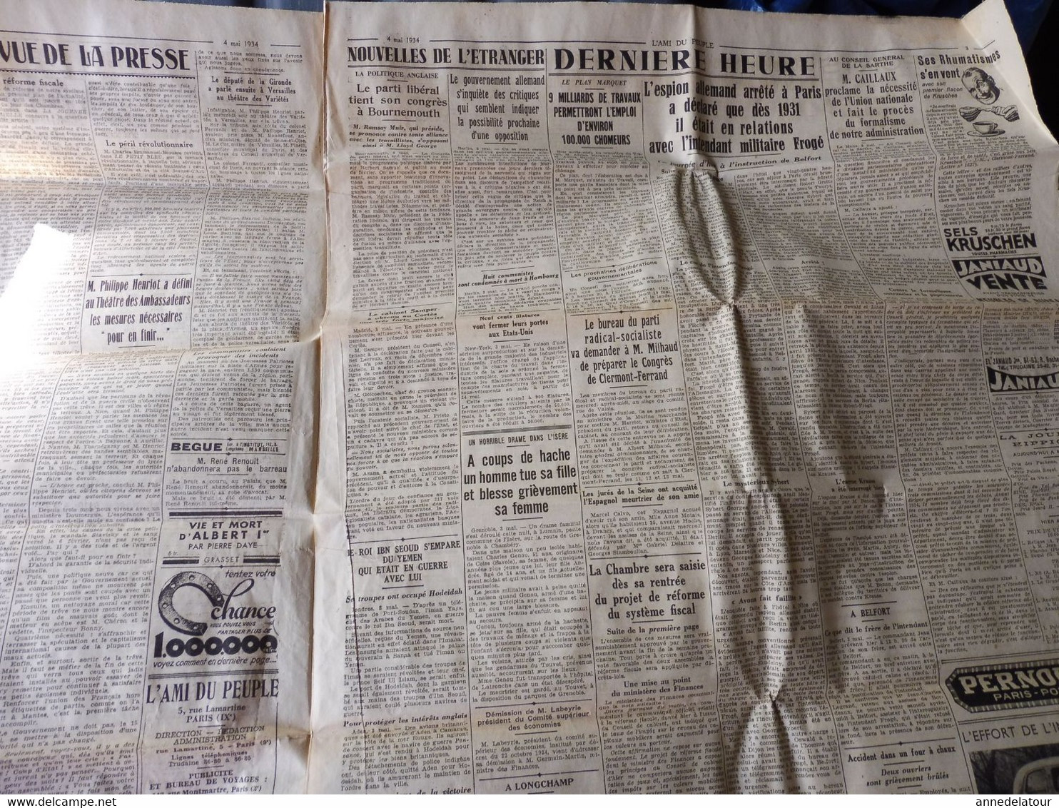 1934 L'AMI DU PEUPLE : Sainte-Anne-d'Auray aux 240000 bretons de la guerre ; Affaire Frogé ; La Petite-Roquette; etc