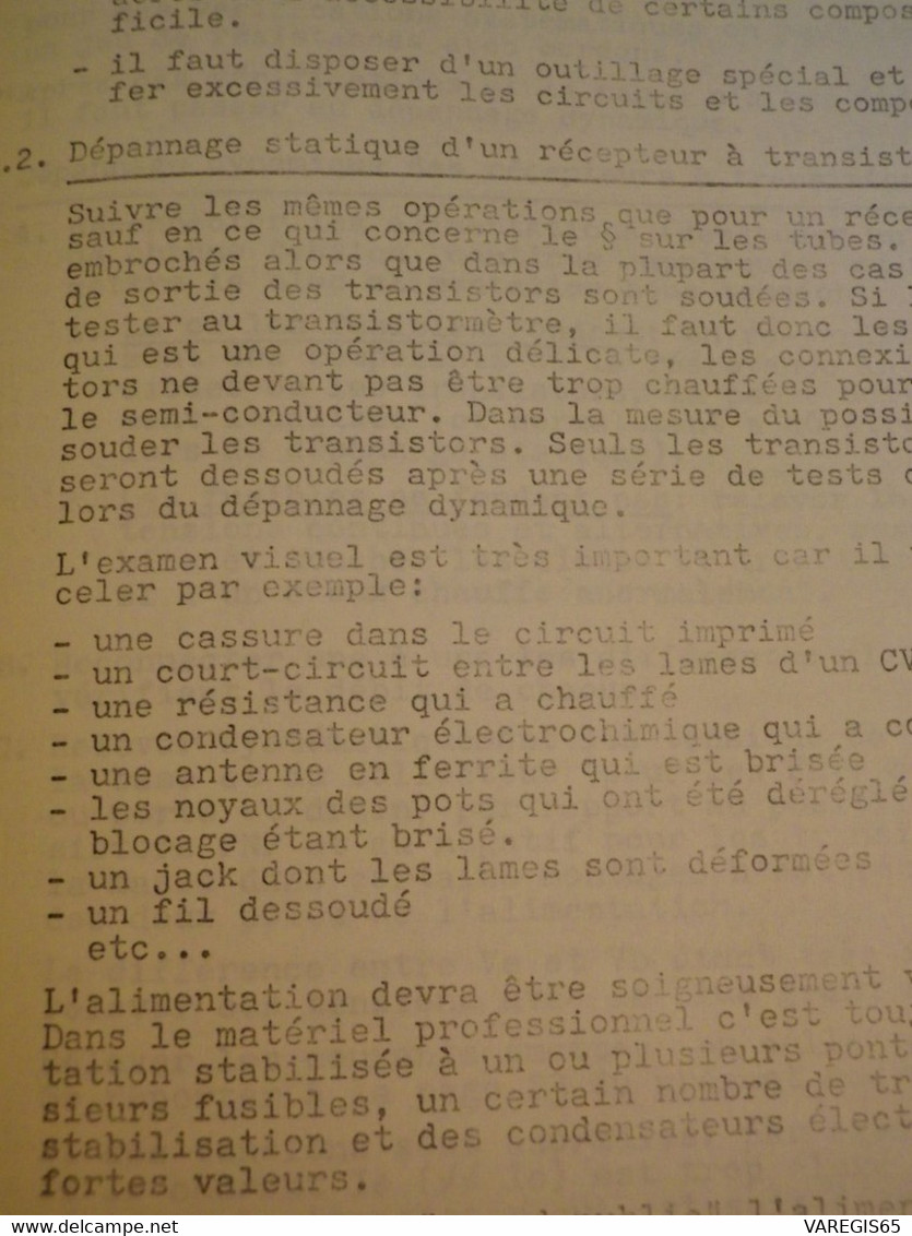 COURS DE DEPANNAGE DES ENSEMBLES RADIOELECTRIQUES A TUBES ET TRANSISTORS - E.N.T. DU TCHAD - 1973