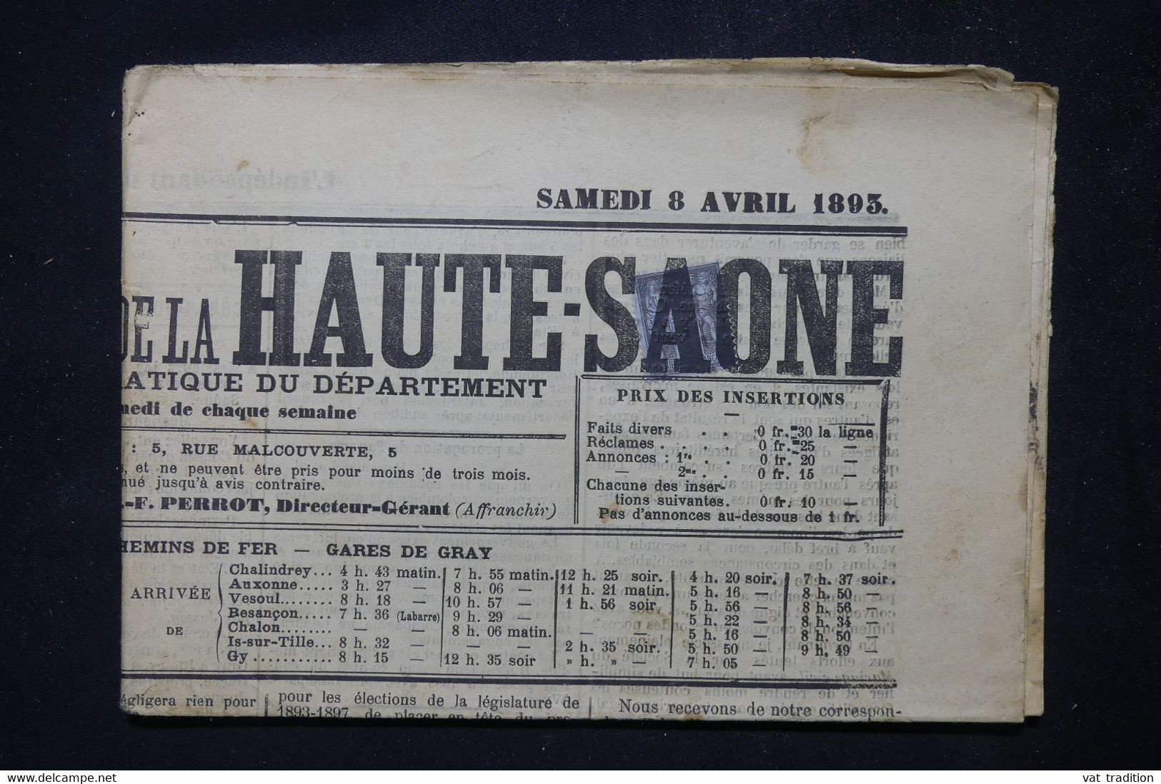 FRANCE - Annulation Typographique Sur Type Sage 1ct Sur Journal De La Haute Saône En 1893  - L 102832 - 1877-1920: Semi-moderne Periode
