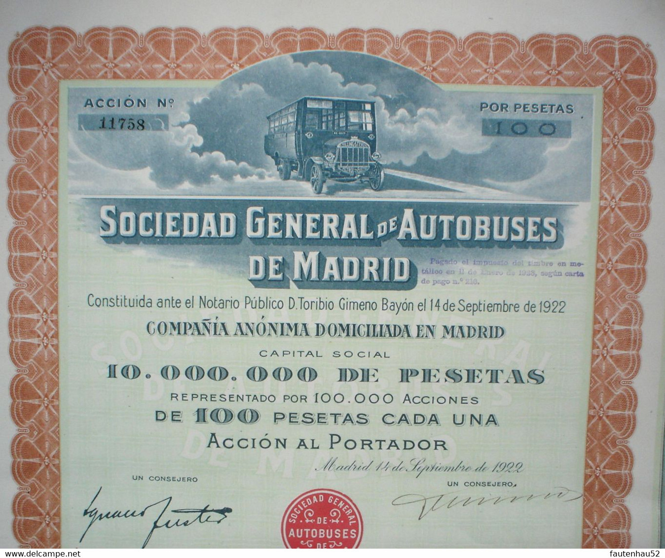 Soc. General De Autobuses De Madrid 100 Ptas. 1922 - Automobil