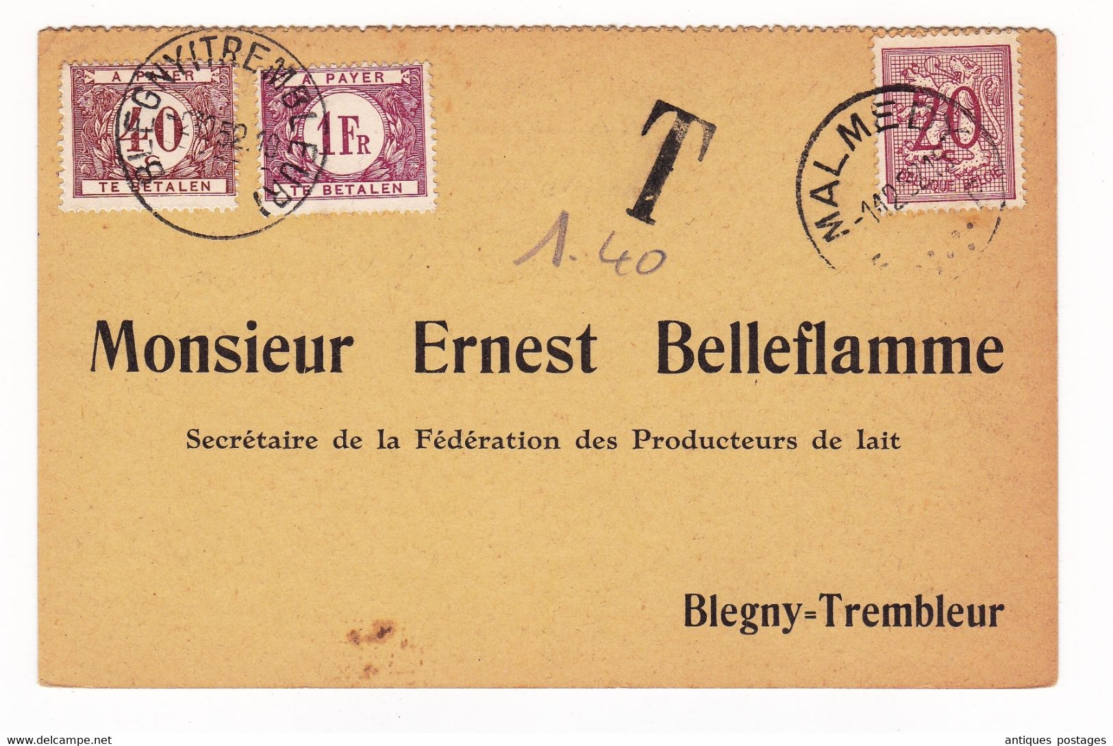 Carte Postale 1952 Blegny Trembleur Belgique Fédération Des Producteurs De Lait Milk  Timbre Taxe Ernest Belleflamme - Storia Postale