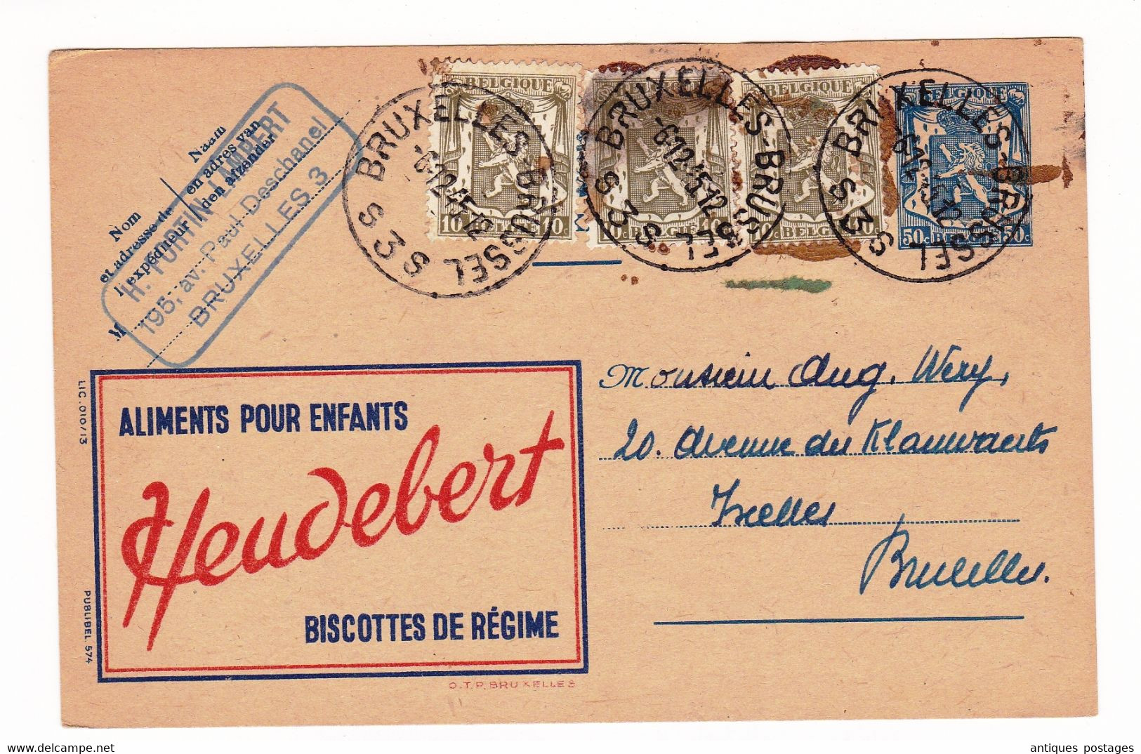 Carte Postale Publicitaire Biscottes Heudebert 1945 Bruxelles Belgique Fortin Lambert 195 Avenue Paul Deschanel - Cartoline 1934-1951