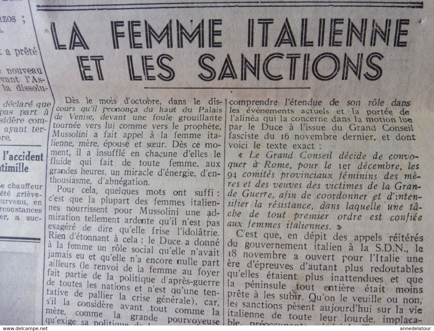 1935 L'AMI DU PEUPLE: Attelage De Lions ; Admiration Ardente Des Femmes Italiennes Pour Mussolini Et Les Sanctions ; Etc - General Issues