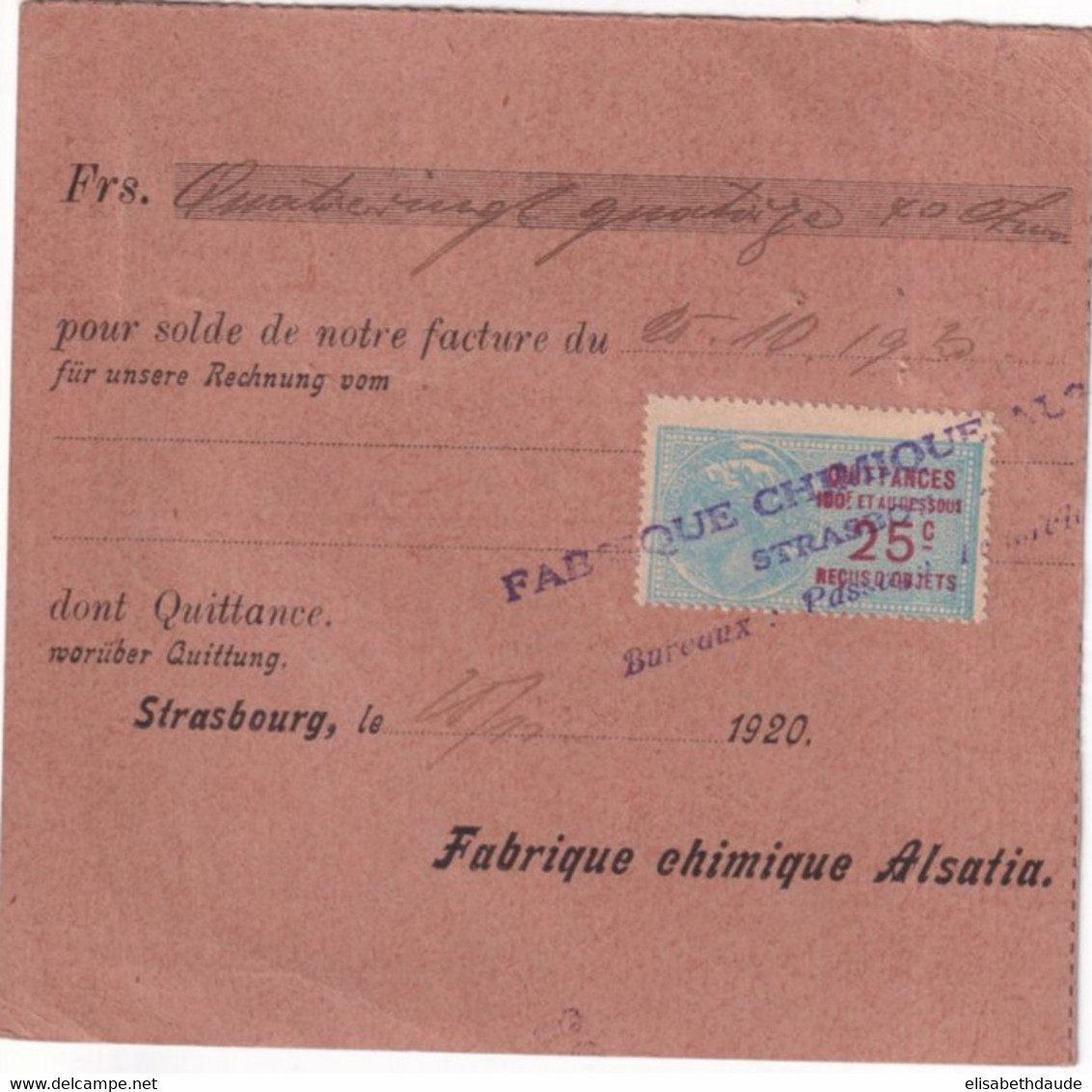 1920 - ALSACE - SEMEUSE / CP REMBOURSEMENT BILINGUE (TIMBRE FISCAL AU DOS !) CACHETS PROVISOIRES ! => SELESTAT - 1906-38 Semeuse Camée