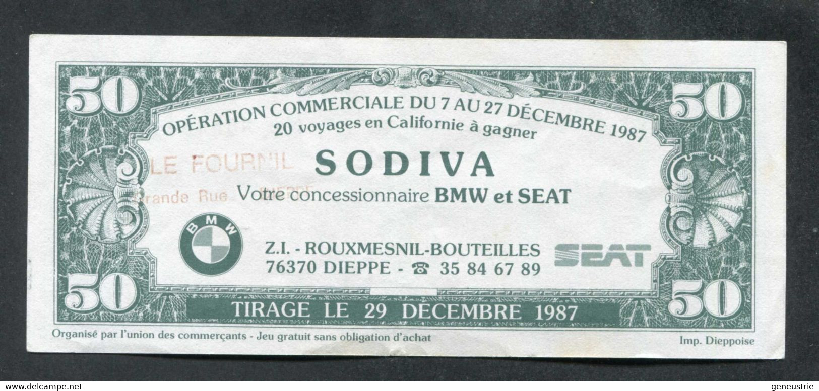 Billet Publicitaire 50 Dollars "Le Fournil - Dieppe C'est L'Amérique" Sovida Concessionnaire BMW Et SEAT à Dieppe - Specimen