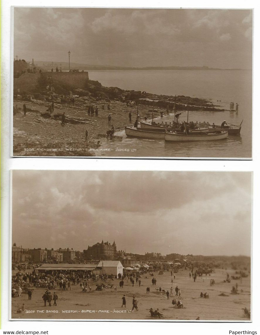 2 Real Photo Postcards, Overcast, Weston-Super-Mare, The Sands, Anchor Head. Boats, Beach, People. - Weston-Super-Mare