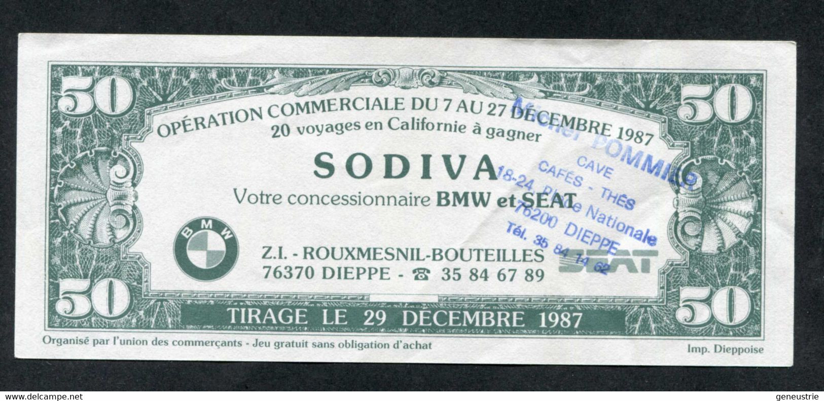 Billet Publicitaire 50 Dollars "Michel Pommier - Dieppe C'est L'Amérique" Sovida Concessionnaire BMW Et SEAT à Dieppe - Specimen