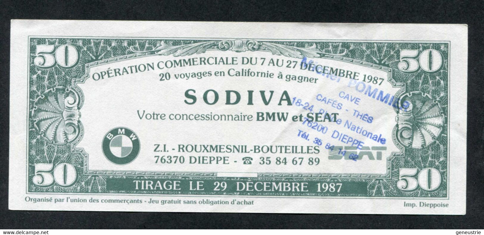 Billet Publicitaire 50 Dollars "Michel Pommier - Dieppe C'est L'Amérique" Sovida Concessionnaire BMW Et SEAT à Dieppe - Ficción & Especímenes