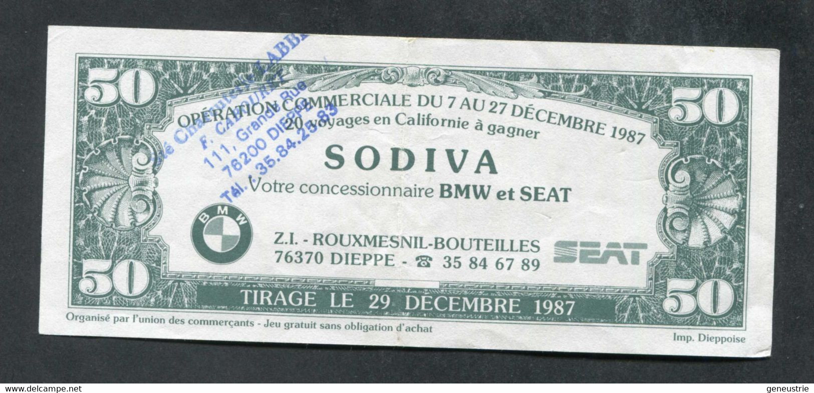 Billet Publicitaire 50 Dollars "Charcuterie Labbé - Dieppe C'est L'Amérique" Sovida Concessionnaire BMW Et SEAT à Dieppe - Fictifs & Spécimens