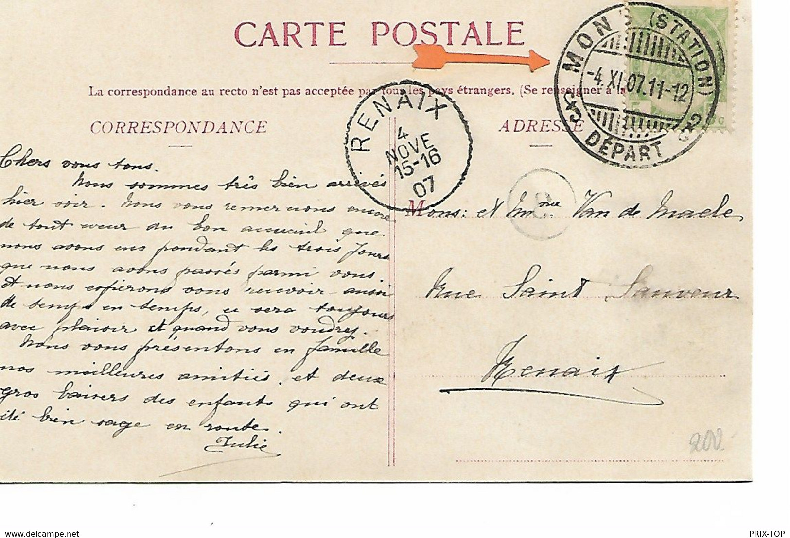 REF4676/ TP 83 S/CP Mons Càp Mons Station Départ 1907 > Renaix C.d'arrivée - Correo Rural