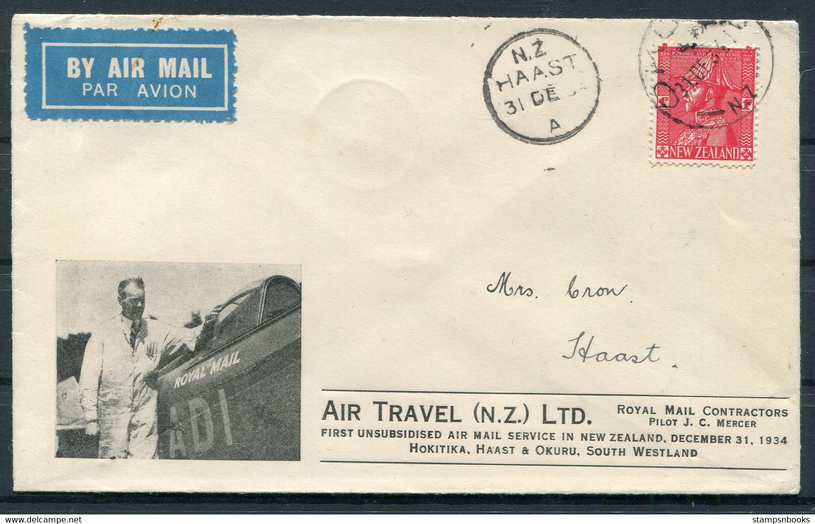 1934 (Dec 31st) New Zealand First Flight Airmail Cover OKURU - HAAST - Poste Aérienne